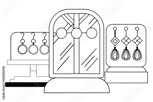 Simple illustration of jewelry displays featuring earrings and a mirror showcasing various decorative elements within a minimalist design.