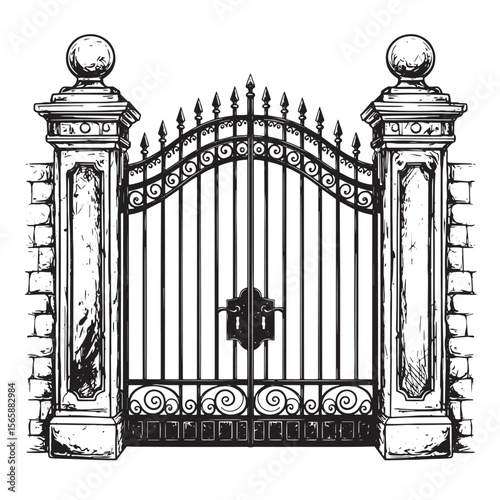 Detailed black and white illustration of a vintage wrought iron gate architectural structure between two brick pillars