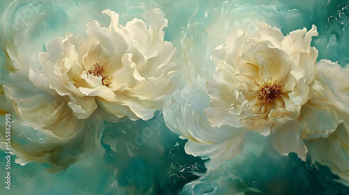 Serene Teal Embrace of Creamy White Peonies