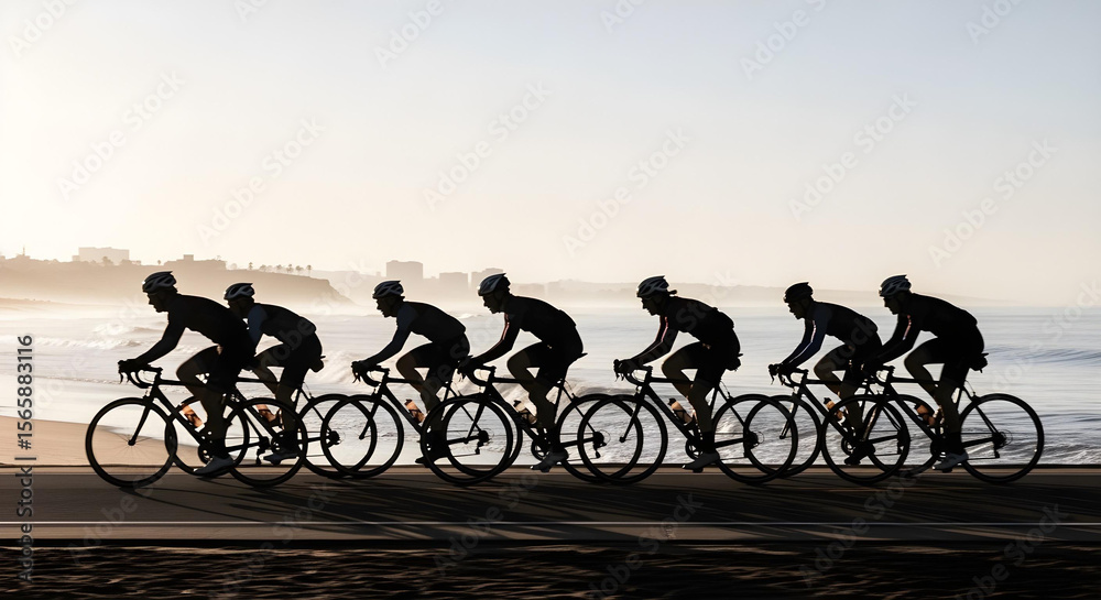 Fototapeta premium Cyclists ride in formation at dawn along a coastal path