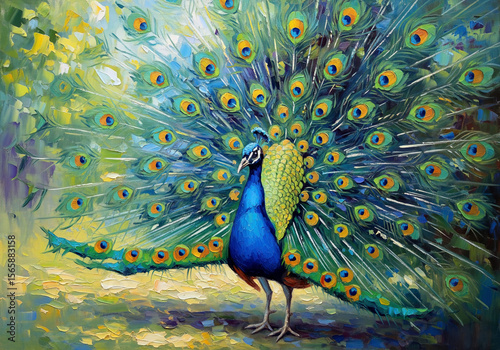 Stunning impressionistic oil painting of a vibrant peacock displaying its magnificent, fanned tail feathers. Birds.