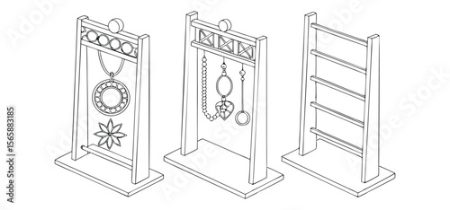 Three wooden jewelry display stands with various necklace and accessory designs outlined in black and white