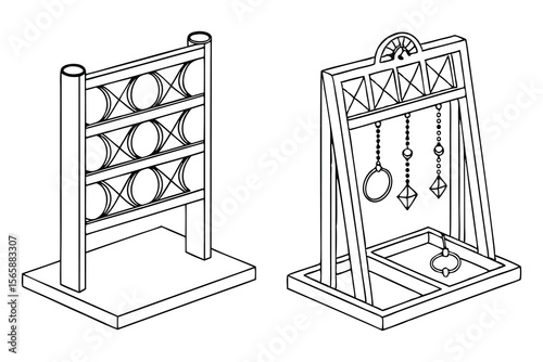 Two different display stands designed for jewelry with a black outline and minimalist aesthetic illustrating various jewelry items.