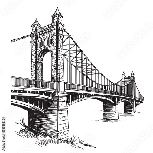 Detailed black and white ink illustration of a grand suspension bridge architecture across a river