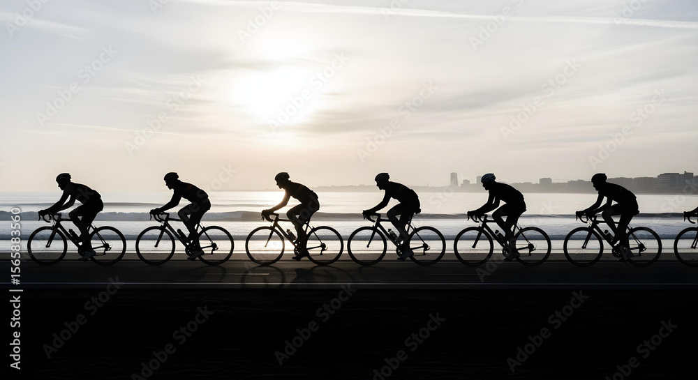 Obraz premium Cyclists ride in formation at dawn along a coastal path
