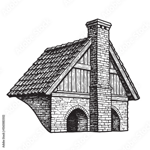 Detailed black and white vintage illustration of an old brick building featuring a large chimney and arched entrances