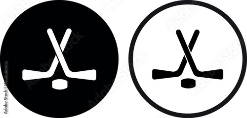 Hockey icon set in two styles . Hockey sticks and puck icon . Vector illustration