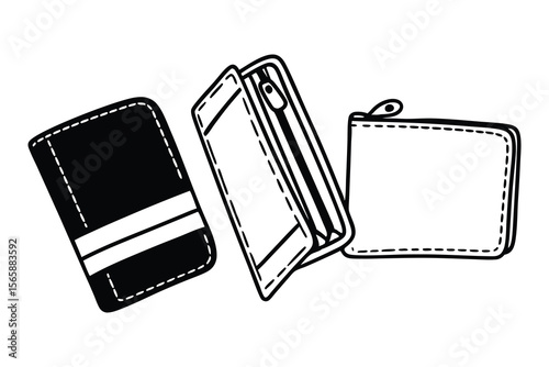 Vector illustration of three different style wallets with various designs and stitching details on a white background