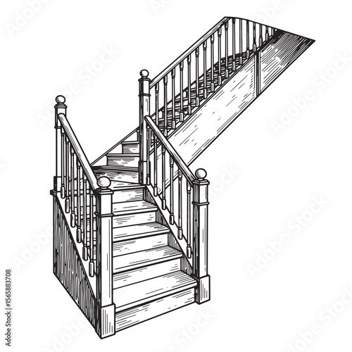 Detailed hand drawn illustration of a vintage staircase with balustrade and risers in a classic architectural style