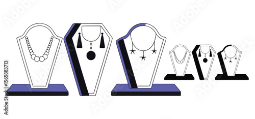 Vector illustration of various necklaces displayed on elegant stands showcasing different modern jewelry designs and styles