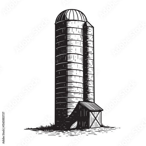 Detailed hand drawn ink illustration of farm silo barn agricultural structure on white background