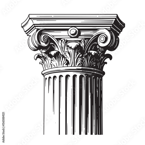 Elegant hand drawn illustration of a detailed corinthian column showing classical architectural design and artistry