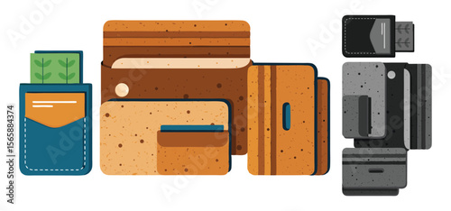Vector illustration of various stylish wallets showcasing different designs and color palettes isolated on white