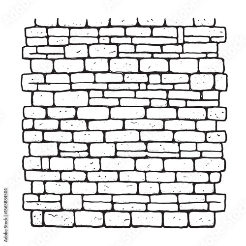 Hand drawn black and white illustration of a rustic brick wall textured background isolated on white