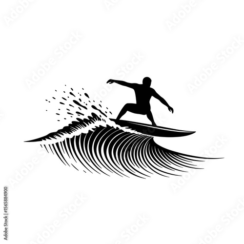 Black-and-white line art of a surfer balancing skillfully on a surfboard, riding a dynamic wave with arms extended for stability and flair.