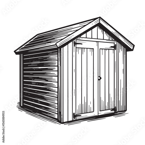 Hand drawn illustration of a rustic garden shed with a pitched roof and double doors, rendered in black and white.