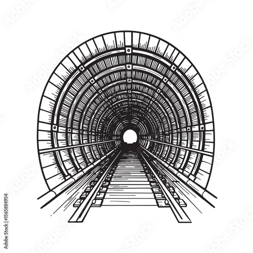 Hand drawn illustration of a railway tunnel perspective showing tracks leading to the light at the end of tunnel
