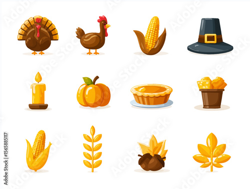 Thanksgiving autumn festival icons set with turkey, pumpkin pie, pilgrim hat, corn, candle, acorn and wheat - perfect for holiday marketing, greeting cards and seasonal designs