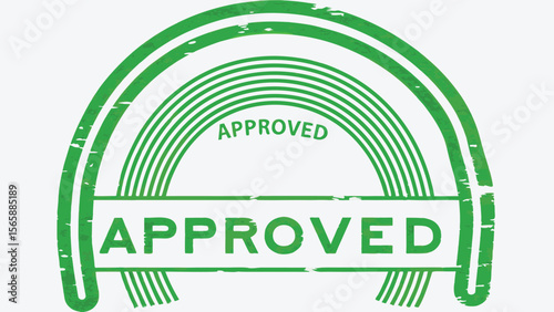 Green approved stamp with semi circle lines and rectangular frame with distressed grunge effect look