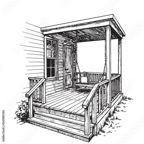 Hand drawn sketch of a rustic porch with a swing wooden door and window architectural illustration
