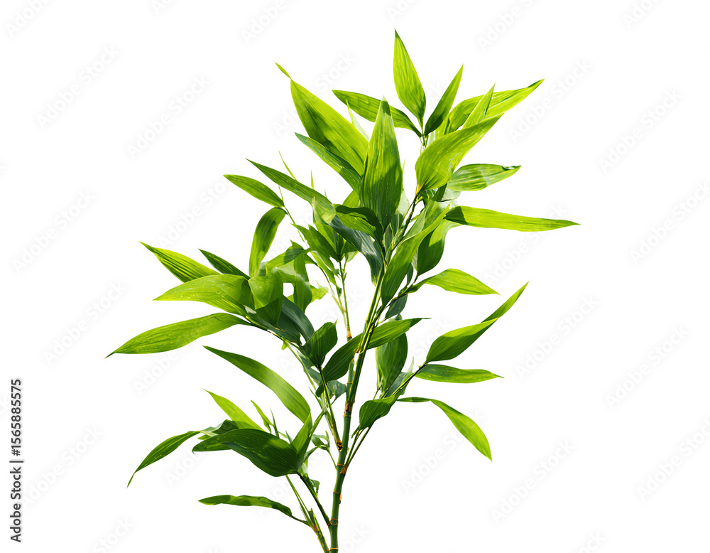 Fototapeta premium A single bamboo plant with green leaves isolated on a transparent background PNG