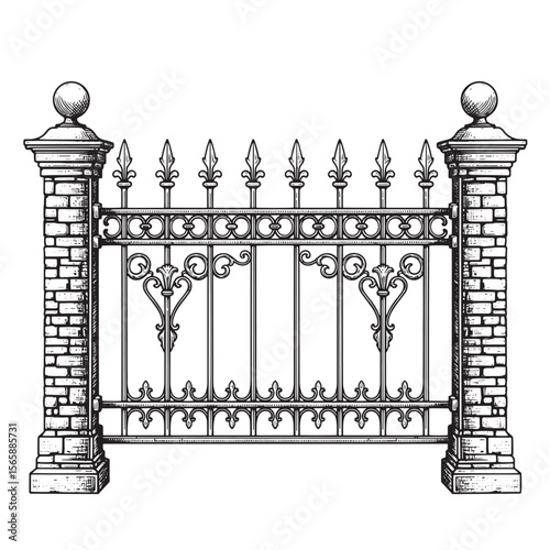 Intricate hand drawn illustration of a decorative wrought iron fence with brick pillars for garden or property security.