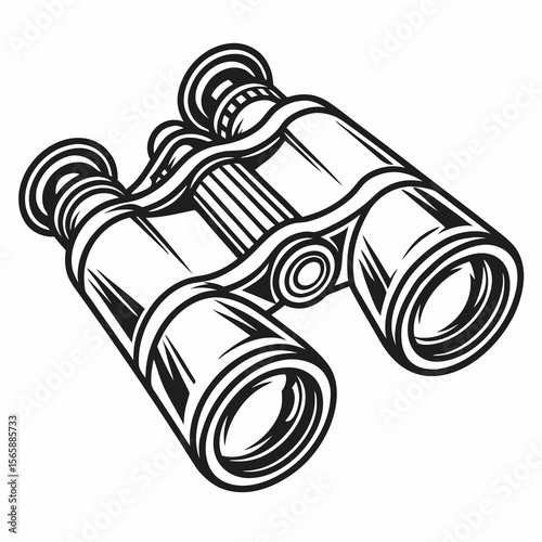 Vintage binoculars illustration in black and white line art style