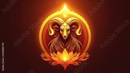 Golden Ram Zodiac Sign in Lotus Mandala