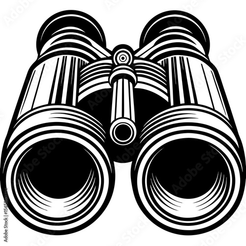 Stylized black and white illustration of binoculars facing forward