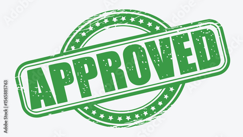A green approved stamp with a star circle and a rectangular border on a white background image design