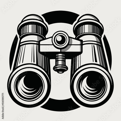 Stylized black and white illustration of binoculars in a circular frame