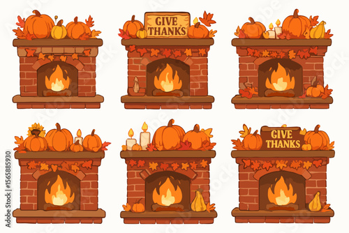 Thanksgiving fireplace mantel with pumpkins and autumn leaves