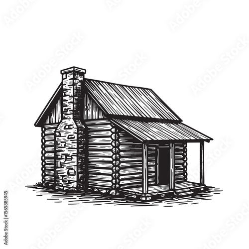 Rustic hand drawn log cabin illustration featuring wooden structure with chimney and porch design elements