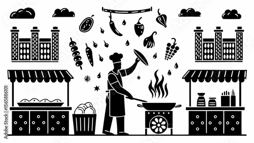Chef cooking street food with peppers, buildings, clouds, and food stalls in a black and white illustration silhouette