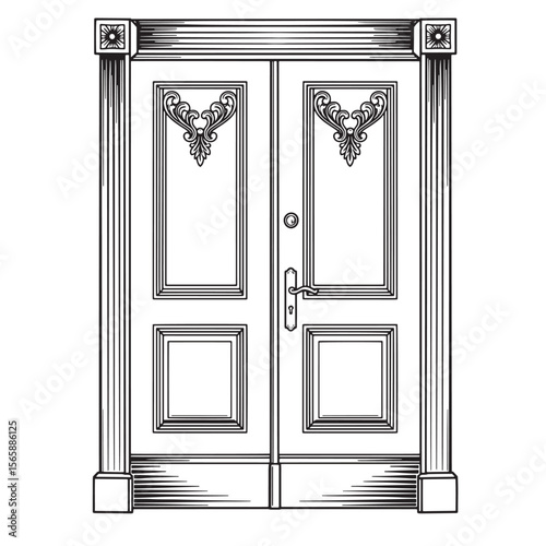 Vector illustration of a detailed antique door in black and white line art with ornate architectural elements.
