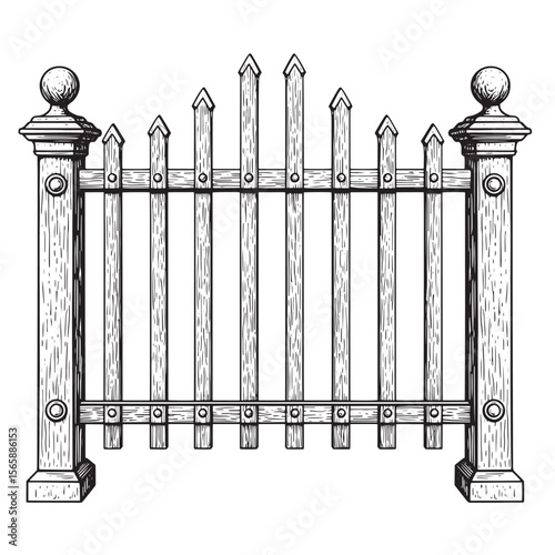 Vector illustration of a detailed black and white sketched wooden fence isolated on a clean white background.