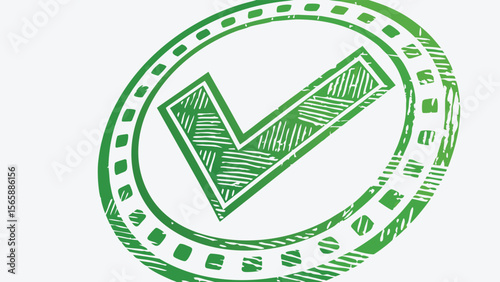 Green check mark inside an oval with small squares and lines, suggesting a stamp or approval symbol design