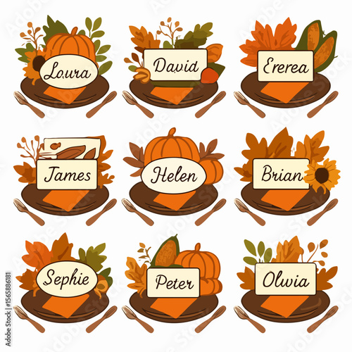 Autumn names with pumpkins and leaves for Thanksgiving