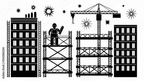 Illustration of a construction site with buildings scaffolding crane worker and starbursts in black and white silhouette