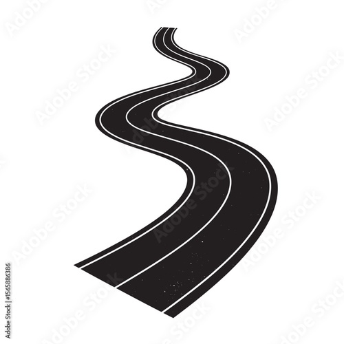 Winding black road graphic with white lane lines isolated on a clean white background illustration