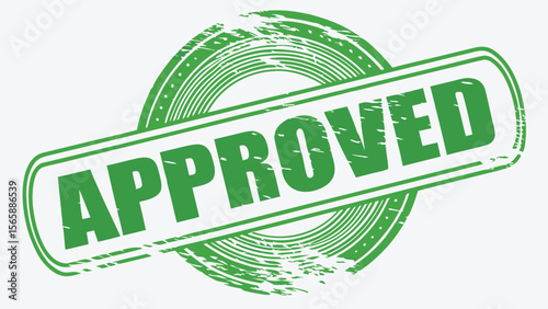 Green approved stamp with circular design and grunge texture in a horizontal rectangle shape frame