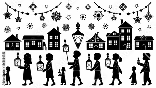 Silhouette illustration of children with lanterns walking through a village at night with stars above them