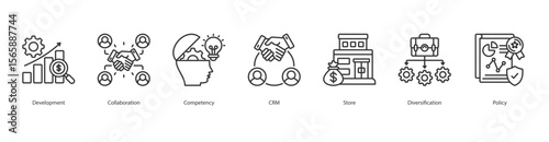 Business Growth Management Icon Set Collection Concept With Icon Of Development, Collaboration, Competency, CRM, Store, Diversification, Policy