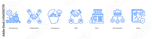 Business Growth Management Icon Set Collection Concept With Icon Of Development, Collaboration, Competency, CRM, Store, Diversification, Policy