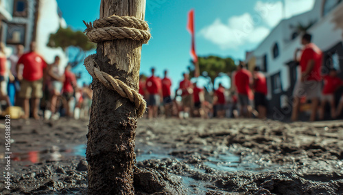 A detailed photo of an old, worn wooden stick standing firmly upright in the muddy sand of a rough beach shore.