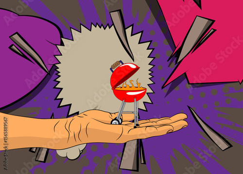 Cartoon, comic book human hands holding Burning wood in barbeque grill. Retro vector comics pop art design.