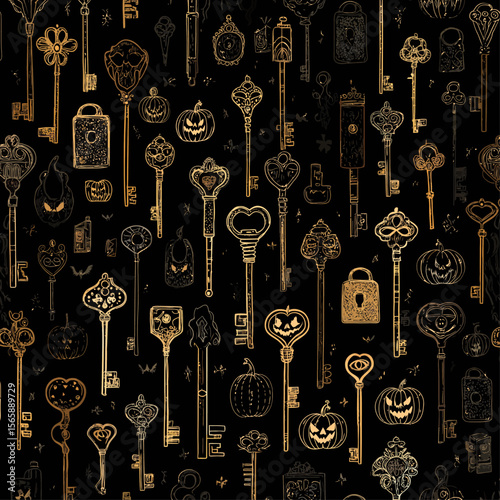 Elegant Halloween seamless pattern with vintage mystical keys, all-seeing eyes, pumpkins and occult symbols in gold line art on black background