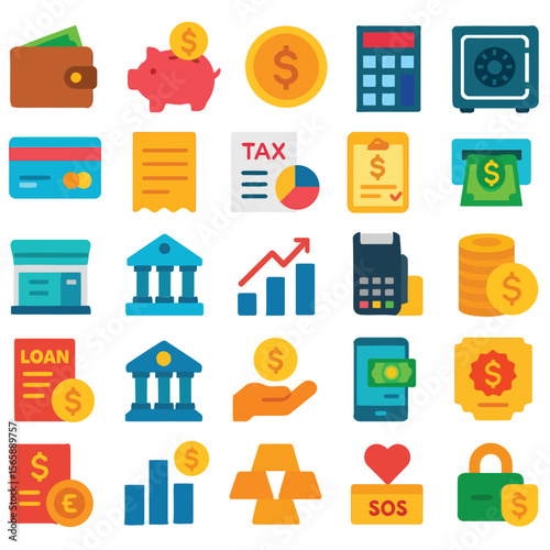 Collection of flat design icons representing finance banking and investment concepts