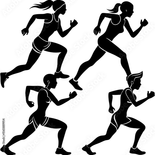 Diverse group of athletes running in silhouette style on white background