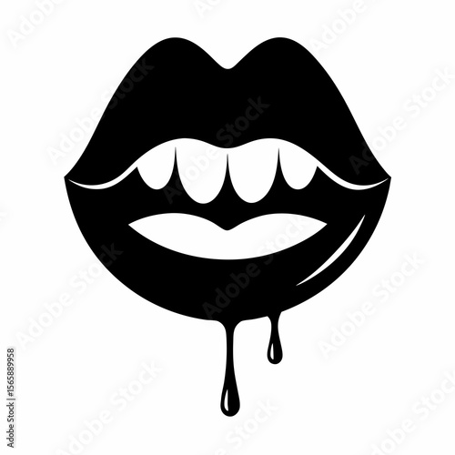 Black silhouette of lips with dripping liquid and sharp teeth